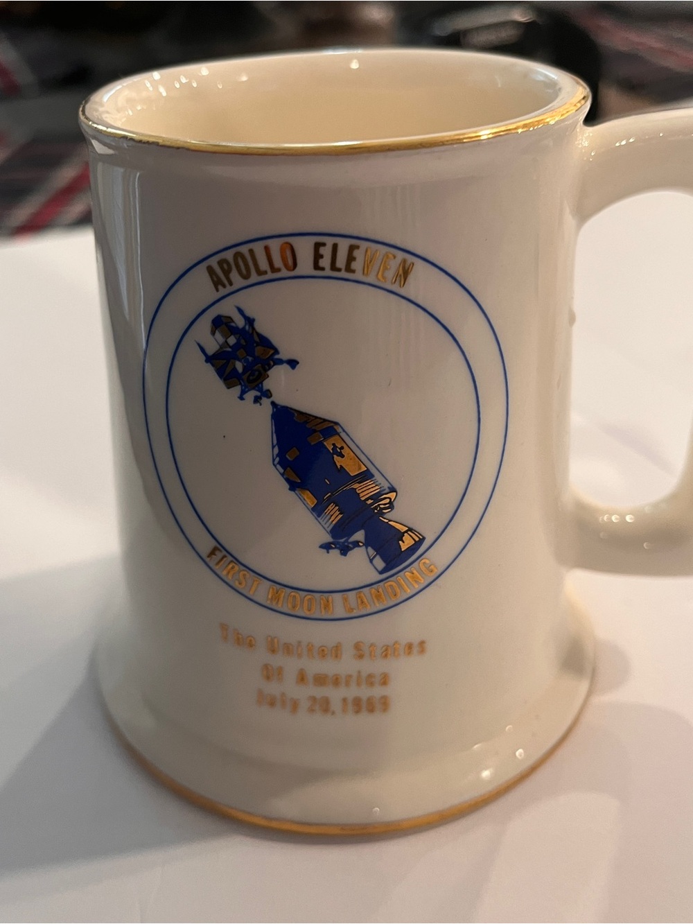Vintage Apollo Eleven Commemorative Ceramic Mug - White with Gold Trim
